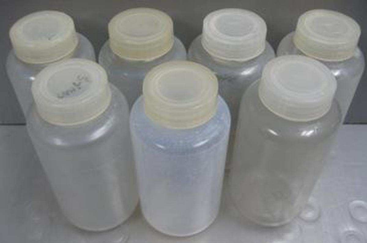 Used QTY. 7. NALGENE 250 ML SHAPED CONTAINER WITH SCREW CAPS.