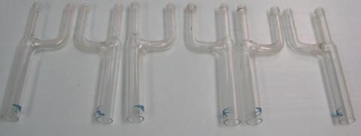Used QTY. 6. SX KINETICS SOLVENT EXTRACTION GLASS 3 WAY "Y" FITTINGS 8 ¼ INCH LONG.