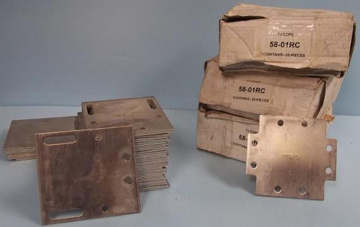 Used LOT TJ COPE RACK PLATES CONSISTING OF: (3) BOXES 25 COUNT EACH NO. 58-01RC. (43) EACH NO BOX NO. UNKNOWN.