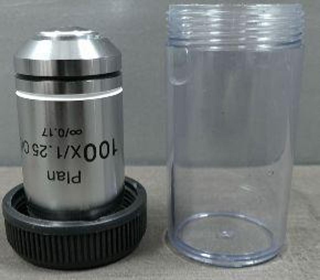 Used MICROSCOPE OBJECTIVE LENS PLAN 100 X/1.25 INFINITY/0.17 PROFESSIONAL HIGH-POWER OIL IMMERSION MICROSCOPE OBJECTIVE LENS. ? PLAN: INDICATES A PLAN ACHROMATIC LENS. THIS MEANS THE LENS IS OPTICALLY CORRECTED TO PROVIDE A FLAT FIELD OF VIEW