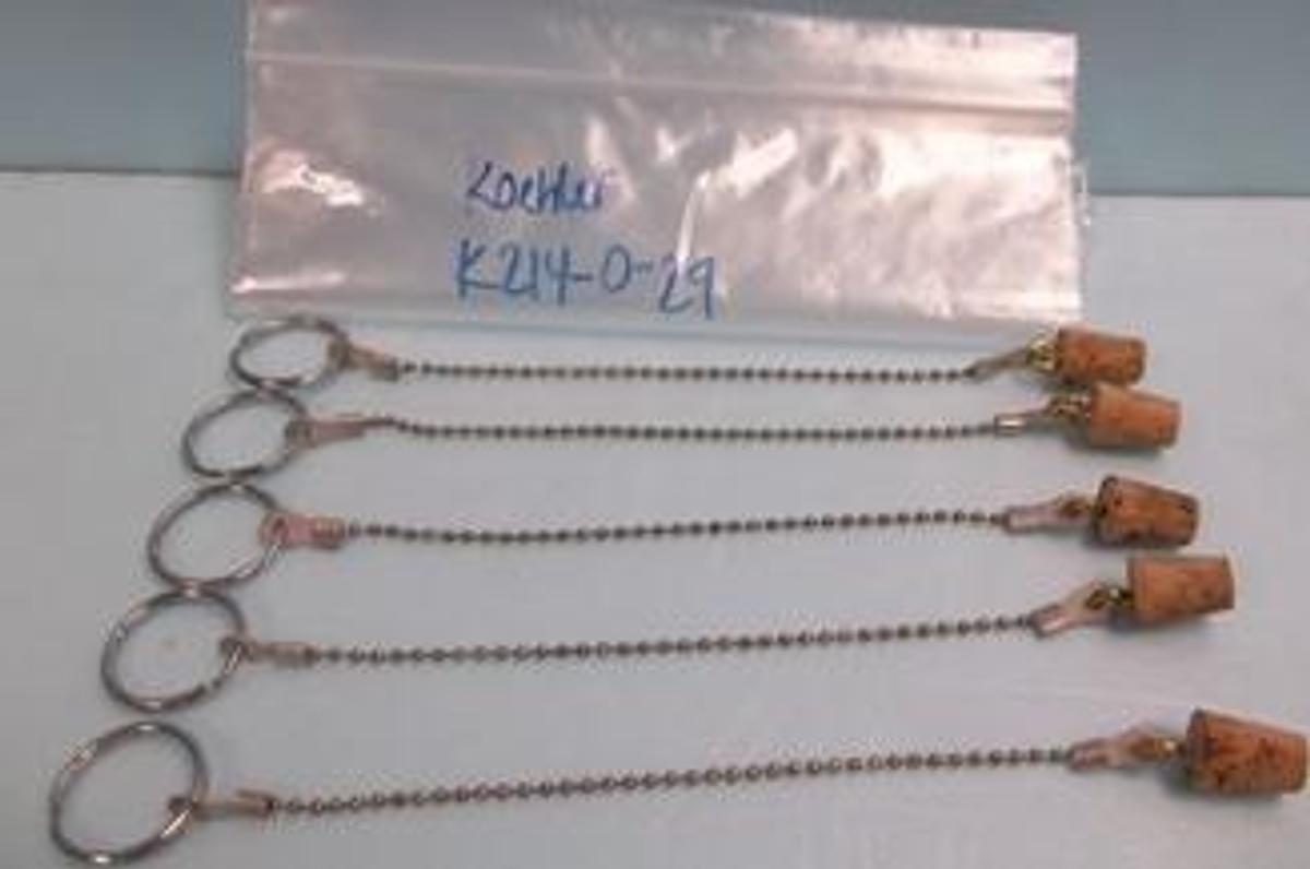 Used QTY. 5. KOEHLER SAYBOLT VISCOSITY BATH CORK PLUG K214-0-29 WITH 6 ½" BALL CHAIN WITH 1 ¼" KEY RING 12-10 6-9 MX. (NEW).