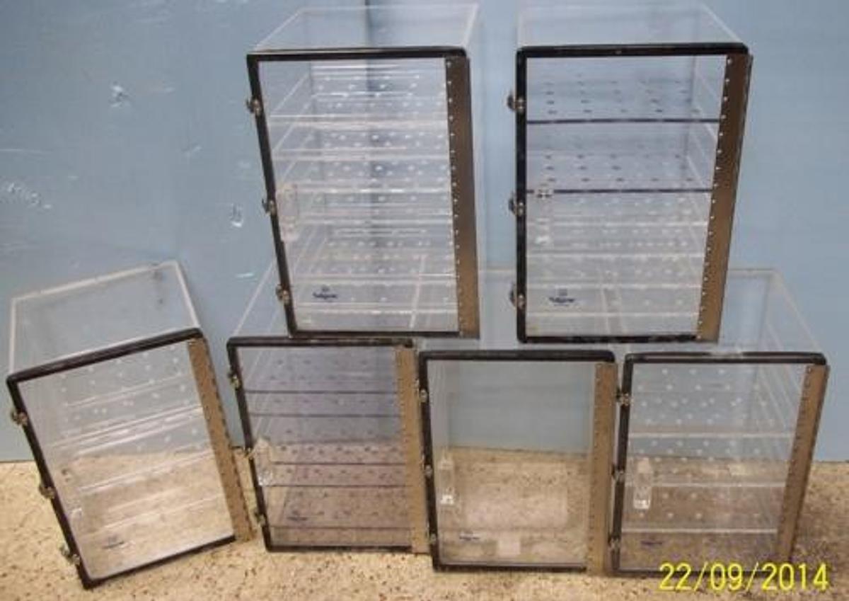 Used QTY. 3. NALGENE DESICATORS #537-0180 SINGLE DOOR CLEAR ACRYLIC 18X12X12 SLOTTED FOR 7 LEVELS.