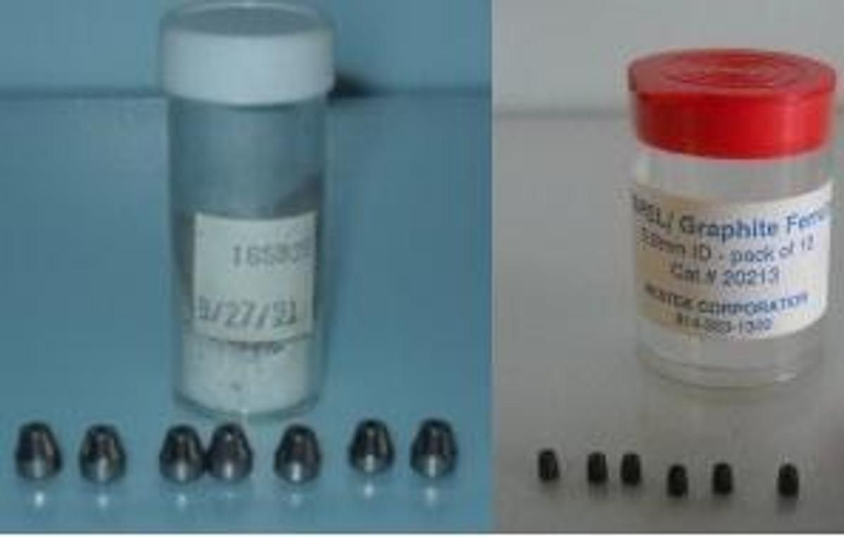 Used GRAPHITE FERRULES 7= 4280 FERRULES PART# 165929 6 =. VESPEL/GRAPHITE FERRULES 4280.8MM ID CAT # 20213 PARTS# 814-353-1300.