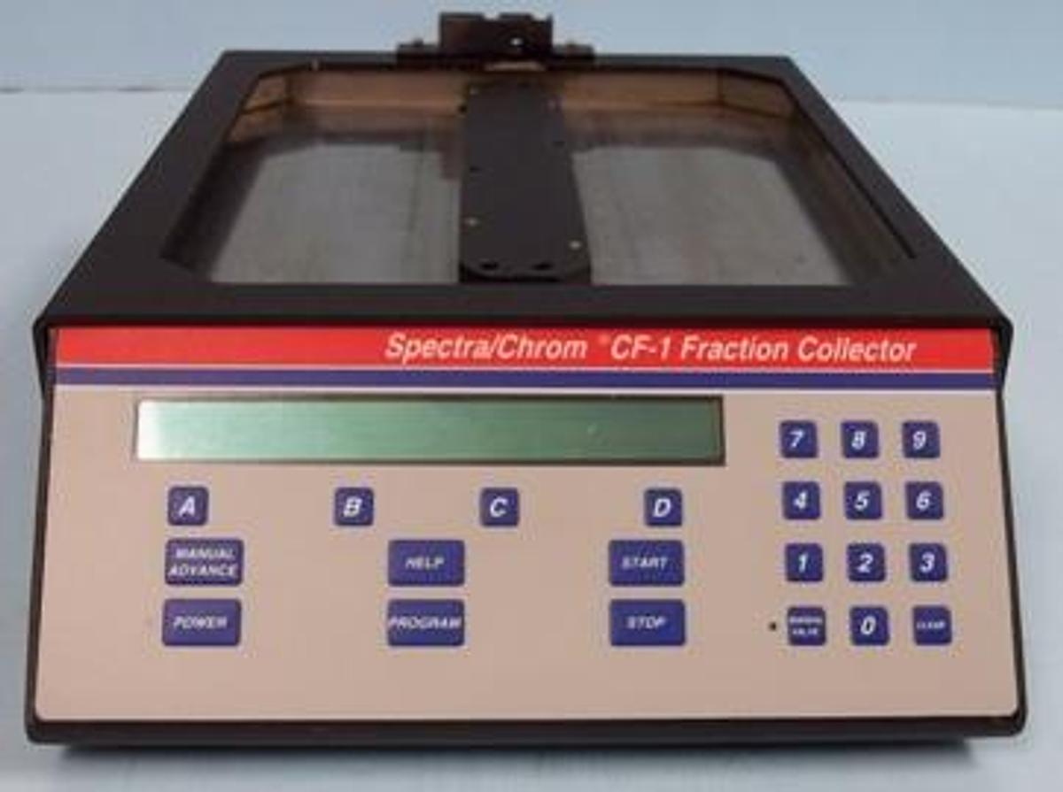 Used QTY. 1. SPECTRCHROM CF-1 FRACTIONAL COLLECTOR 14 VAC 1.43A NO CORDS MISSING PARTS.