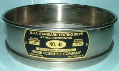Used FISHER SCIENTIFIC COMPANY USA STANDARD TESTING SIEVE 8" ASTM E-11 SPECIFICATION # NO.45 OPENING MICROMETER 335 OPENING IN INCHES .0139 TYLER EQUIVALENT 42 MESH.