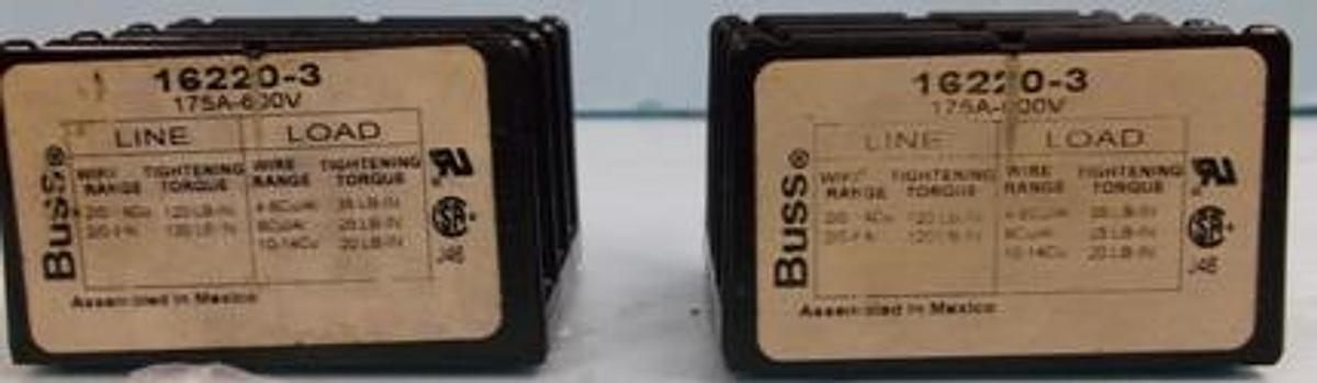 Used BUSS 16220-3 DISTRIBUTION BLOCKS 175A-600V. .