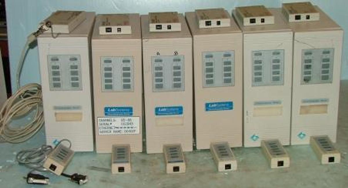 Used QTY. 6. LABSYSTEMS CHROMATOGRAPHY SERVERS WITH ETHERNET NO. 00-00-30-00-00 FE (TYPICAL) WITH CTP100T 10-BASE-2 TO 10 BASE-T ADAPTER WITH LANVIEW CABLE TRON SYSTEMS 91 SERIES INPUT 10-15V 800MA MAX WITH CABLE HOOKUP WITH REMOTE.