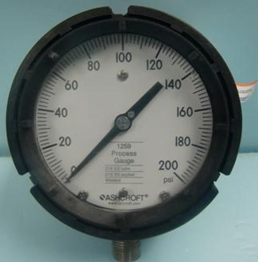 Used ASHCROFT 1259 ROCESS GAUGE 316 SS TUBE 316 SS SOCKET WELDED GAUGE READING 0-200 PSI.