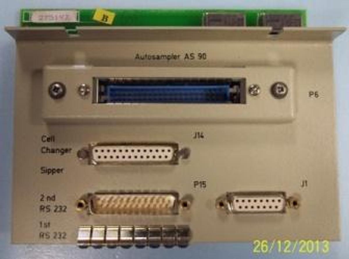 Used QTY. 1. PERKIN ELMER LP5 ACCESSORY CONNECTOR CARD FOR AN AS 90 AUTO SAMPLER SERIAL: 256.02-02-50-00-000 WITH J14 CELL CHANGER CARD SIPPER J1 P15 CARD FEMALE CONNECTOR PICTURE 2ND RS 232 CARD MALE CONNECTOR PICTURE 1ST RS 323 CARD.