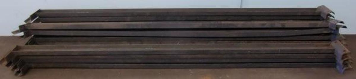 Used QTY. 16. PALLET BEAMS 91 ¾" X 3 ¼" GRAY OPPOSING U BRACKET 4 ROUND HOLE.
