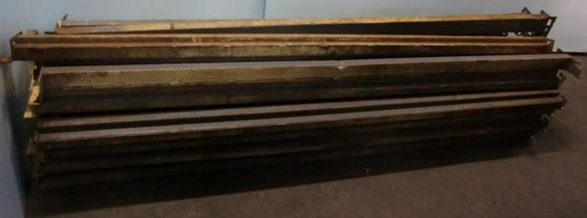 Used QTY. 24. PALLET BEAMS 91 ½" X 3 ½" GRAY L BRACKETT 4. SLOTTED HOLE 4 SLOT INSIDE BRACKET.