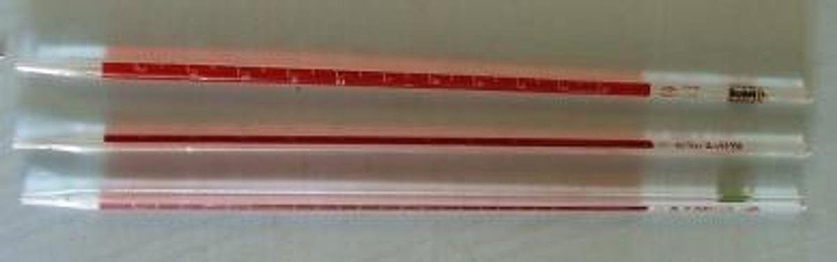 Used QTY. 2. GLASS PIPETTES: 2ML GRADUATED WITH RED INDICATOR STRIP