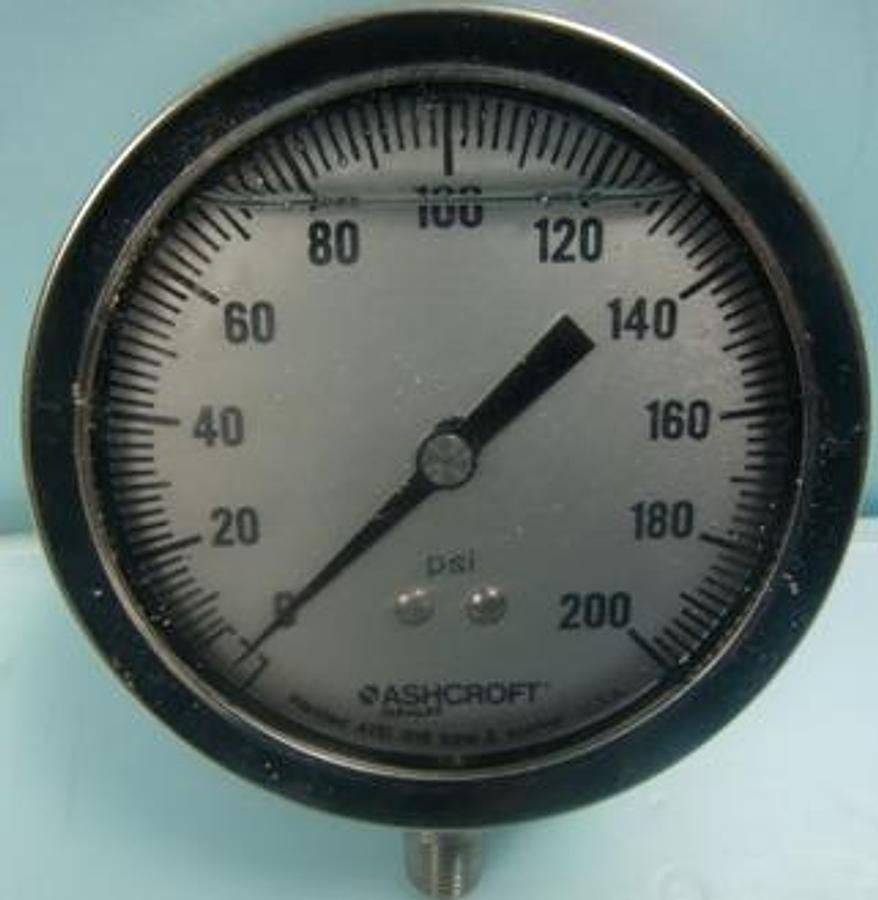 Used ASHCROFT DURALIFE WELDED 316 TUBE AND SOCKET U.S.A. GLYCERIN 23BA460-02 REV.E GAUGE READING 0-200 PSI.