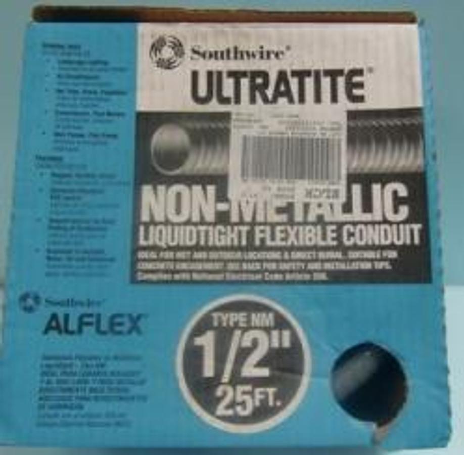 Used SOUTHWIRE ULTRATITE ALFLEX NON-METALLIC LIQUIDTIGHT FLEXIBLE CONDUIT TYPER NM ½" 25 FT. UL LISTED 22PT LIQUIDTIGHT FLEXIBLE NONMETALLIC CONDUIT TYPE B E-113116.