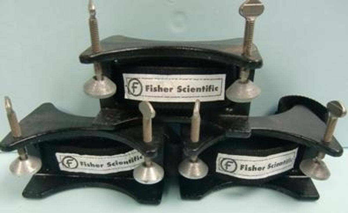 Used QTY. 3. FISHER SCIENTIFIC 85865 LAB GAS BOTTLE BRACKET HOLDER CAST IRON NYLON TANK STRAP.