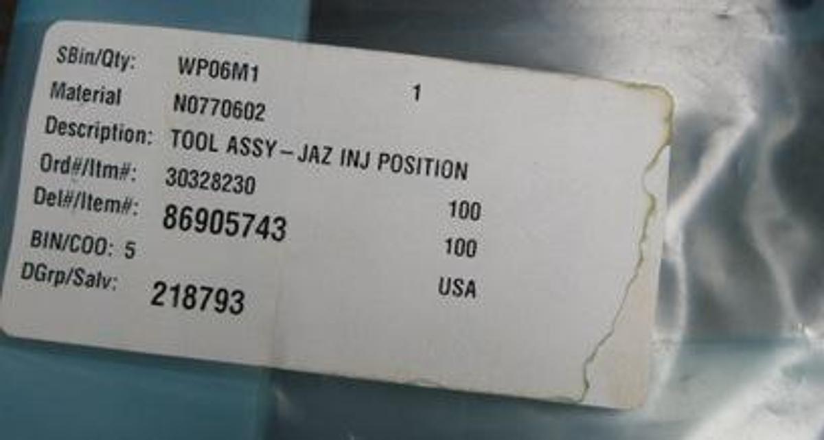 Used QTY. 1. PERKIN ELMER TOOL ASSY-JAZ INJ POSITION SBIN NO: WP06M1