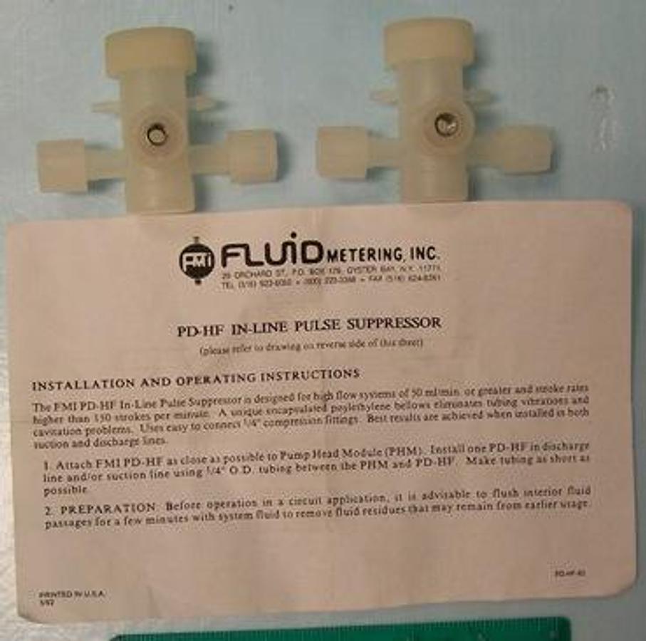 Used FMI FLUID METERING INC. PD-HF INLINE PULSE SUPPRESSOR FOR FLOW SYSTEMS OF 50ML/MIN OR GREATER AND STROKE RATES HIGHER THAN 150 STROKES PER MINUTE.