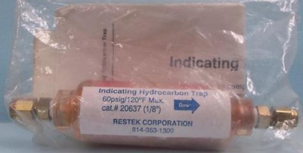 Used QTY. 1. RESTEK CORPORATION INDICATING HYDROCARBON TRAP 60 PSIG/120 DEG. F. MAX. CAT# 20637 (1/8").