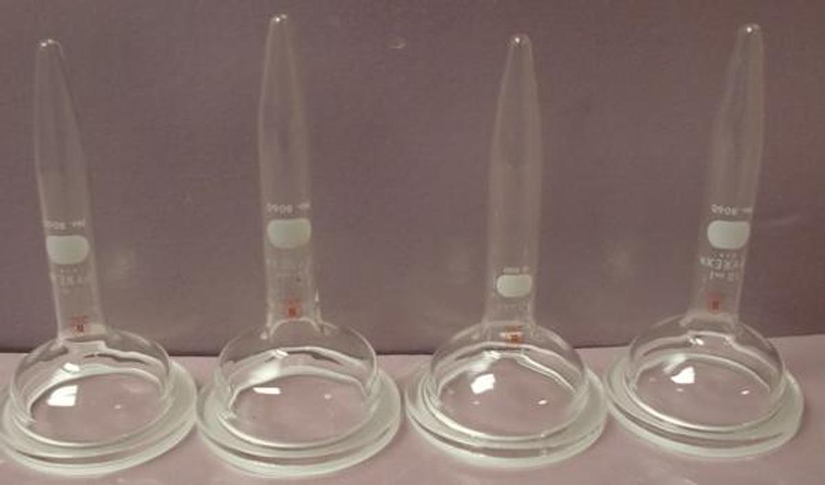 Used QTY. 4. SPLIT GLASS BOTTLE BOTTOM WITH PYREX NO. 8060 10ML CENTRIFUGE TUBES. FOR COLUMBUS INSTRUMENTS.
