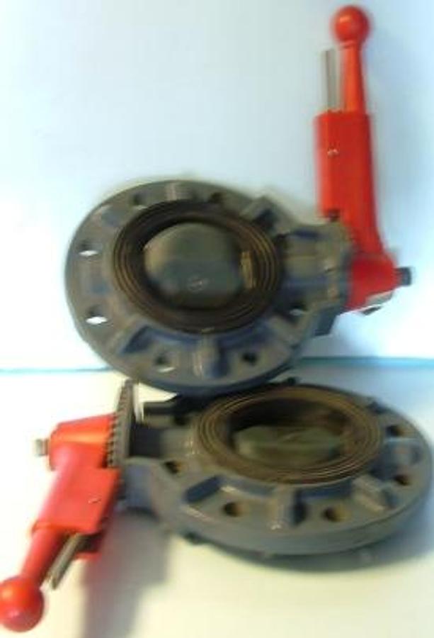 Used QTY. 2. AV PLASTIC BUTTERFLY VALVE MFL# 9036774 3" WITH HANDLE.