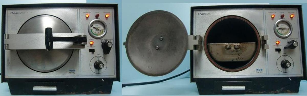 Used QTY. 1. MDT CORPORATION HARVEY CHEMICLAVE 5000 120 V. 60 HZ. 500 W. SRN. A53386 UL LISTED 204T GAUGE READING STERILIZATION VAPORIZATION 20-40 CONDENSATION 20-0. CHAMBER 6" DIA X 12" DEEP.