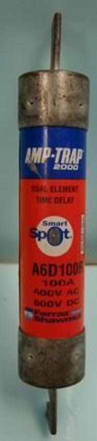 Used FERRAZ SHAWMUT AMP-TRAP 2000 SMART SPOT A6D100R 100A 600V AC 600V DC CLASS RK1 FUSE 200