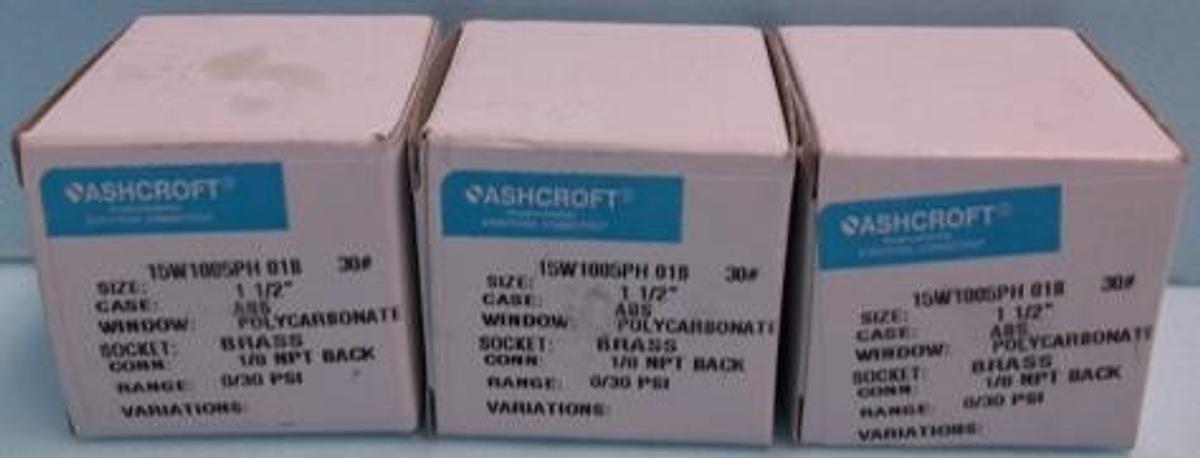 Used ASHCROFT INSTRUMENTS PRESSURE GAUGE 15W1005PH O1B SIZE: 1 ½" CASE: ABS WINDOW: POLYCARBONATE SOCKET: BRASS CONN: 1/8 NPT BACK RANGE: 0/30 PSI.