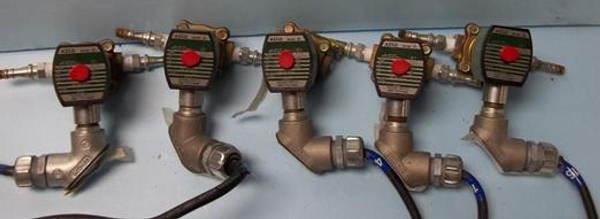 Used QTY. 5. ASCO AUTOMATIC SWITCH CO. ASCO RED HAT 2 VALVES AIR PSI 150 WATER PSI 150 LT OIL PSI 125 1/8 IN PIPE WATTS 10.1