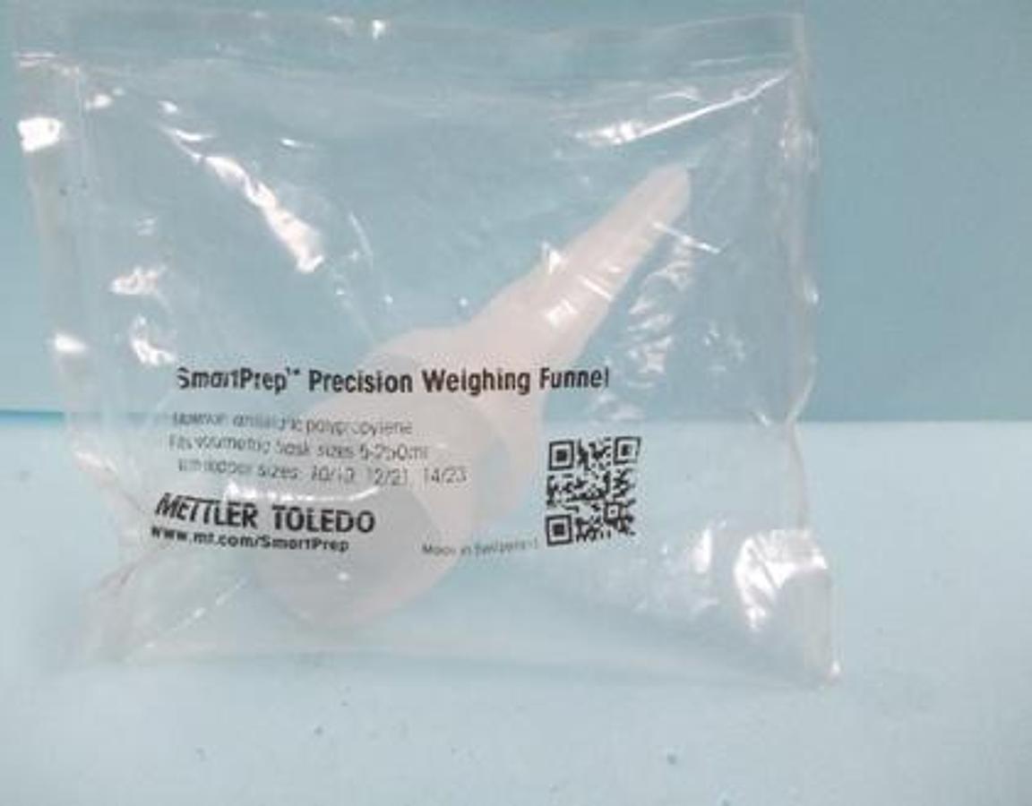 Used QTY. 2. METTLER TOLEDO SMART PREP PRECISION WEIGHING FUNNEL MATERIAL ANTISTATIC POLYPROPYLENE FITS VOLUMETRIC FLASK SIZES 5-250 ML WITH STOPPER SIZES: 10/19