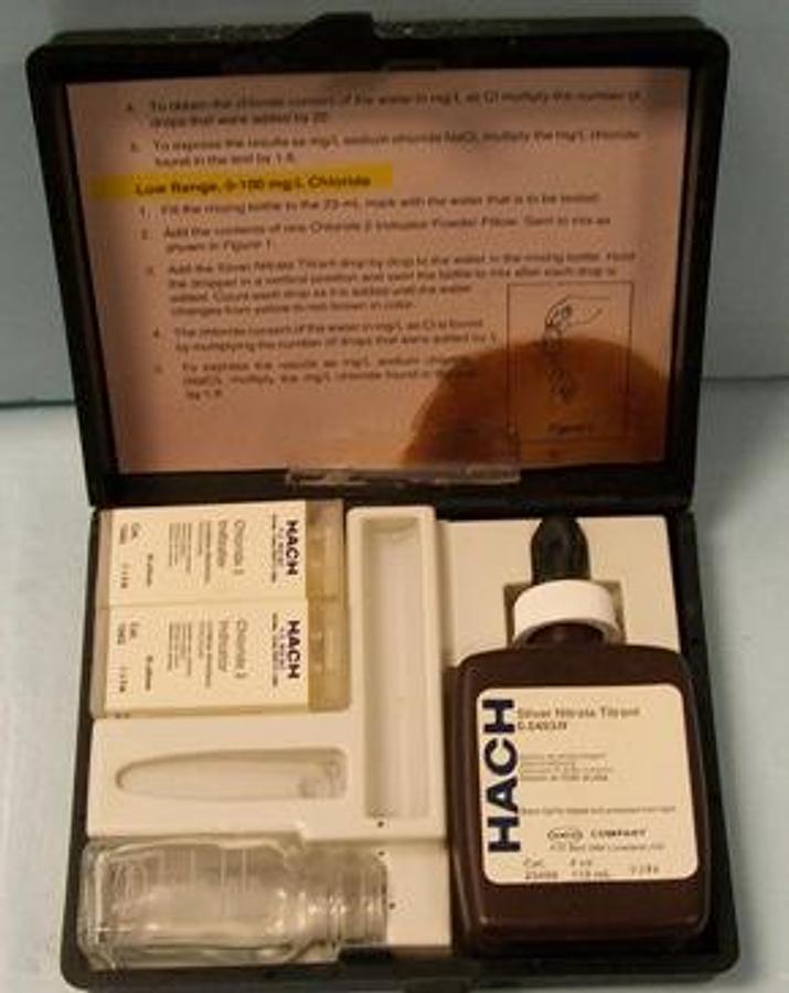 Used QTY. 1. HACH CHLORIDE TEST KIT. LOW RANGE 0-100 MG/L CHLORIDE.