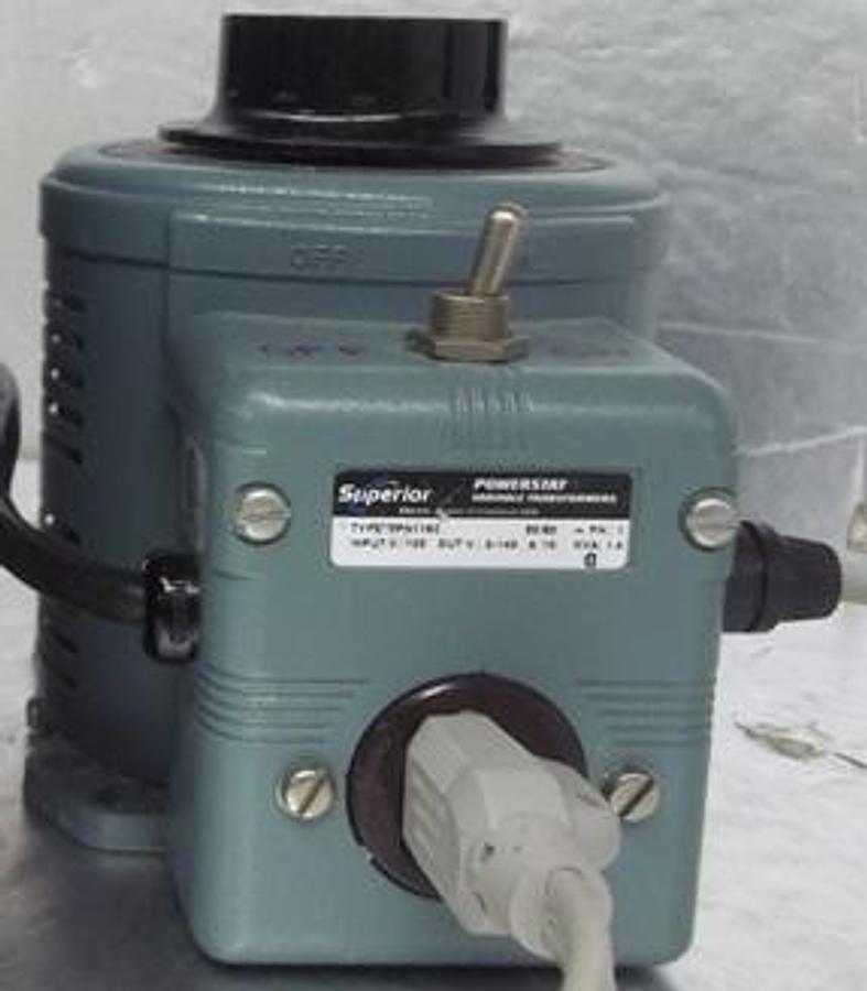 Used QTY. 1. THE SUPERIOR ELECTRIC CO VARIABLE A.C. AUTOTRANSFORMER TYPE: 3PN116C. 50-60HZ ~ PH.1 INPUT V:120 OUT V:0-140 A:10 KVA:1.4.