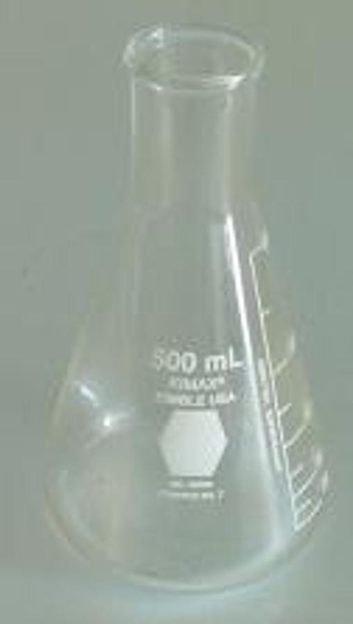 Used KIMAX NO. 28500 ERLENMEYER GRADUATED FLASK STOPPER NO. 7 (NOT INCLUDED) 500 ML WIDE MOUTH HEAVY DUTY.