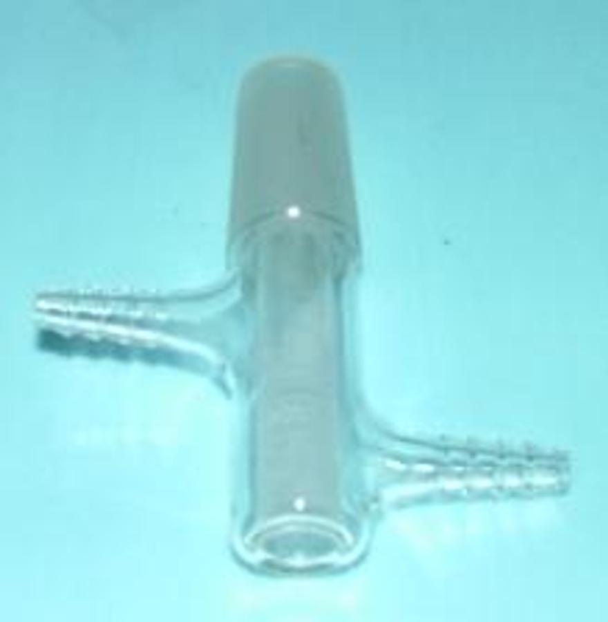 Used QTY. 1. GLASS 24/40 MALE END ROUNDED GLASS BOTTOM END W/ 2 RUBBER HOSE FITTINGS.