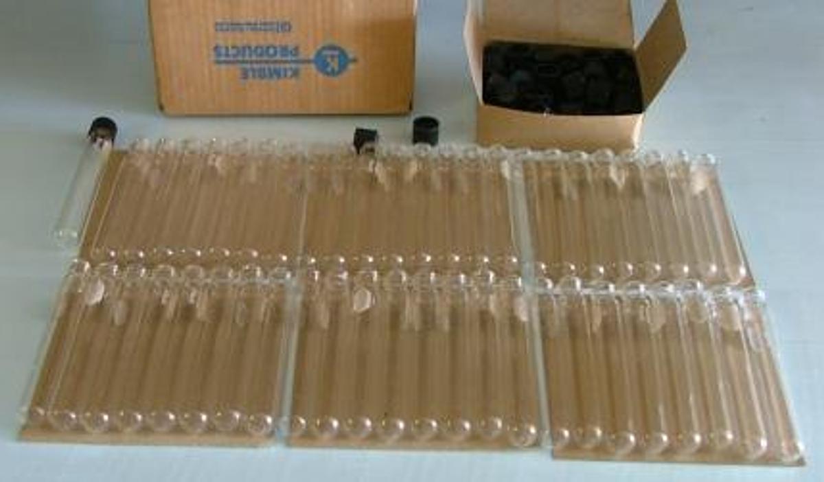 Used QTY. 48. KIMAX TEST TUBES THREADED 30 ML WITH RUBBER LINER CAPS ART. NO. 45066-B SIZE 18-415