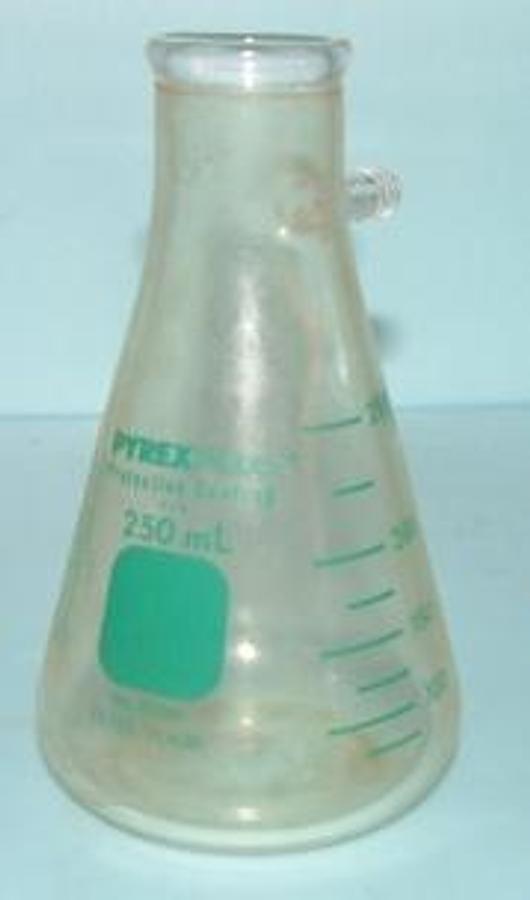 Used QTY. 1. PYREX 250ML PLUS PROTECTIVE COATING USA #65340 FILTER FLASK (VACUUM).