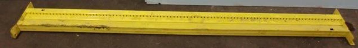 Used PALLET BEAMS 98 ¾" X 3 ½" YELLOW L BRACKETT 6 ROUND HOLE 4 SLOTTED HOLE 4 CLEAT 1 SQUARE HOLE 4 ½" FROM BRACKET INSIDE BOTTOM OF BEAM.