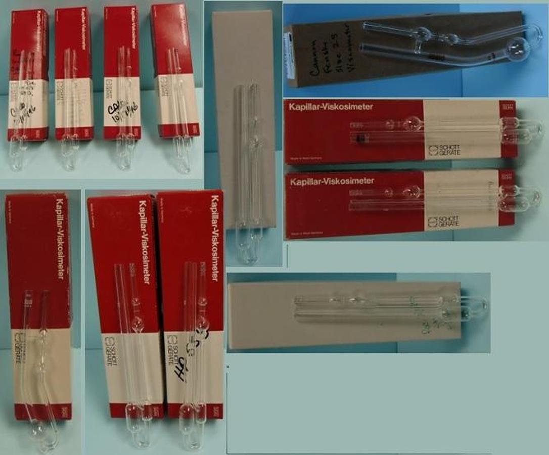 Used QTY. 13. CAPILLARY VISCOMETER TUBES CONSISTING OF: 4). SCHOTT-GERATE GMBH SCHOTT GRUPPE CAPILLARY VISCOMETER TYP-NR.525 20 4055 APP.-NRS 101989
