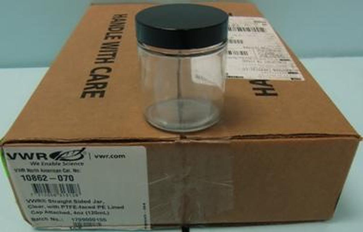 Used QTY. 1. CASE OF 24 EACH VWR CAT. NO. 10862-070 STRAIGHT SIDED JAR CLEAR WITH PTFE-FACED PE LINED