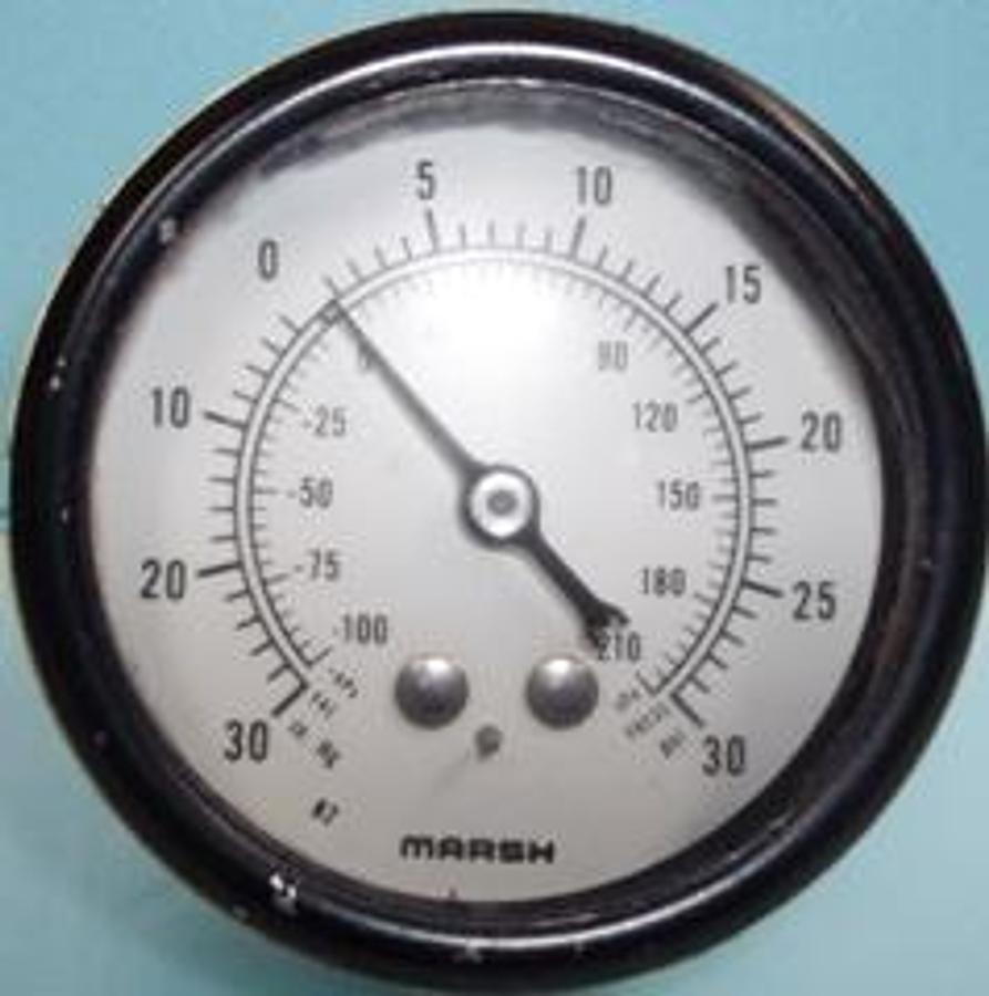 Used MARSH GAUGE READING VAC IN. HG 30- 30 PRESS PSI -KPA -100-+210 KPA B2.