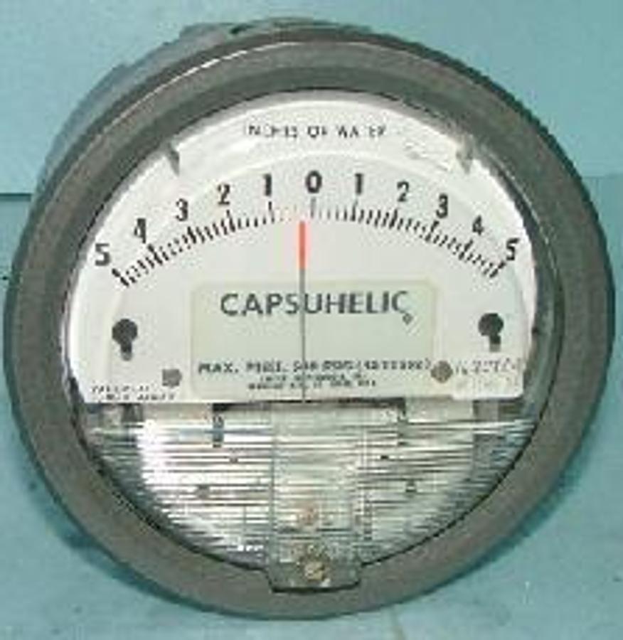Used QTY. 1. CAPSUHELIC GAUGE MAX. PRESS 500 PSIG. (3400 KPA) READS 5-0-5 INCHES OF WATER.