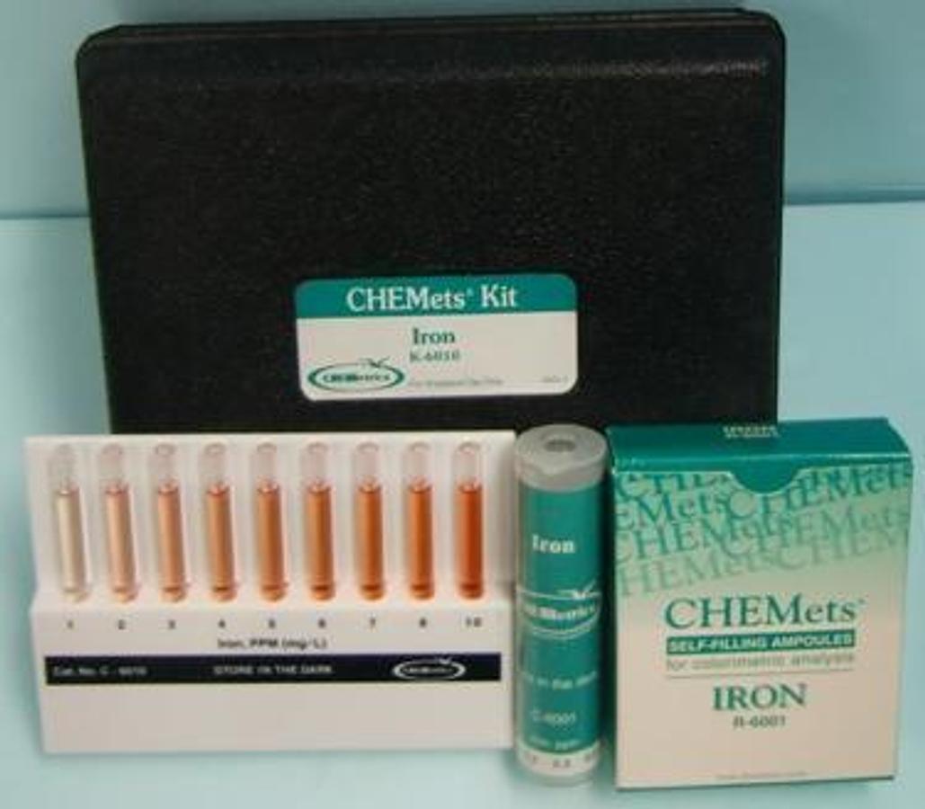 Used CHEMETRICS CHEMETS KIT IRON K-6010 0428-3 WITH 24.CHEMETS SELF-FILLING AMPOULES FOR COLORIMIC ANALYSIS IRON R-6001 WITH 1. CHEMETRICS IRON