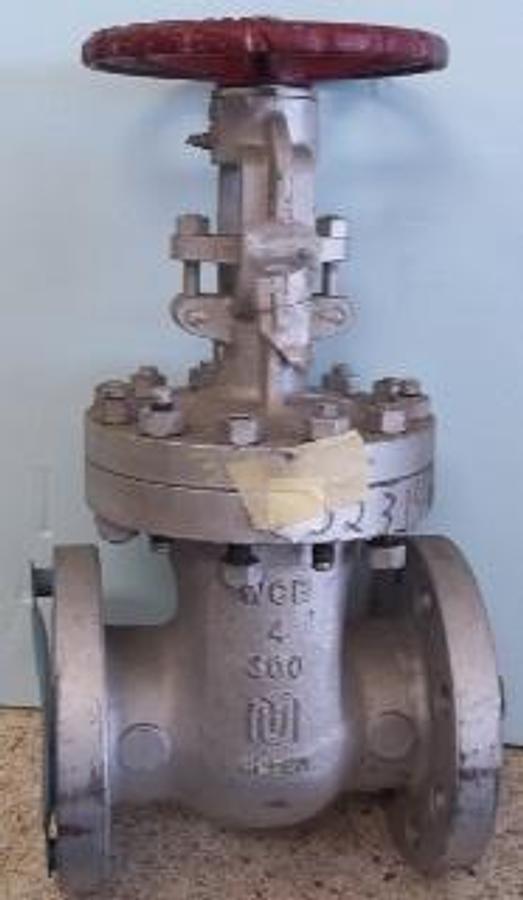 Used QTY. 1. MILVACO 4" 300 FLANGED RAISED FACE WCB (WELDABLE CARBON BODY) GATE VALVE 4-300 W2360 STEM-CR13 DISC-CR13.