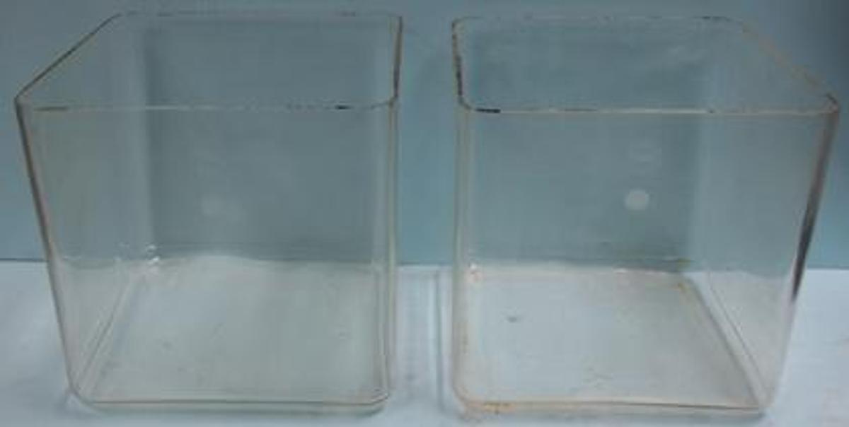 Used QTY. 2. PYREX SQUARE GLASS BATHS 12"X12"X12".