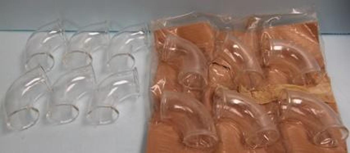 Used QTY. 12. 2" SCHOTT GLASS SHORT RADIUS 90 DEG. GLASS DRAIN LINE G 0913 USG BEADED ENDS.