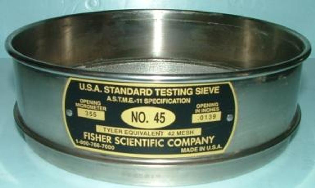 Used QTY. 1. FISHER SCIENTIFIC COMPANY USA STANDARD TESTING SIEVE 8" ASTM E-11 SPECIFICATION # NO.45 OPENING MICROMETER 335 OPENING IN INCHES .0139 TYLER EQUIVALENT 42 MESH.