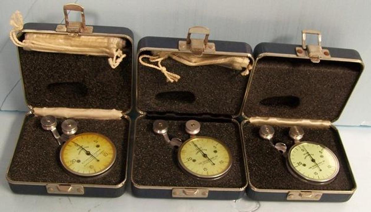 Used H.F. LIVERMORE CORPORATION TENSOMETER TENSION METER W/CASE 0-30 GRAMS SERIAL # (1) D-3012 (2) D-4989 (3) D-3553 IN SMALL HARD SIDE CASES. .