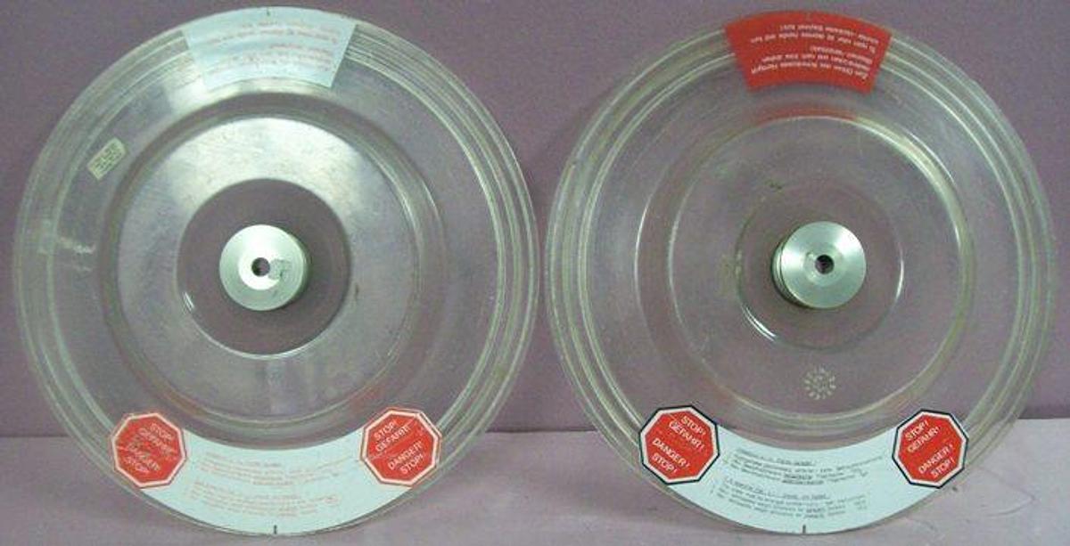 Used QTY. 2. CENTRIFUGE LIDS CLEAR WITH STAINLESS STEEL HANDLE MANUFACTURE .