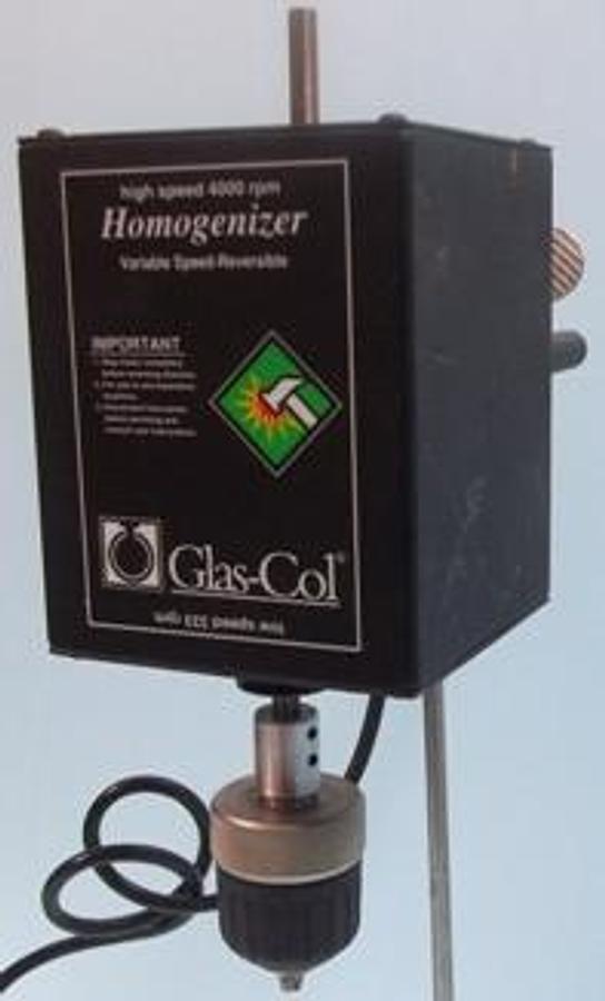 Used QTY. 1. GLAS-COL OVER HEAD RING STAND HIGH SPEED 4000 RPM LOW SPEED 333 RPM HOMOGENIZER VARIABLE SPEED-REVERSIBLE