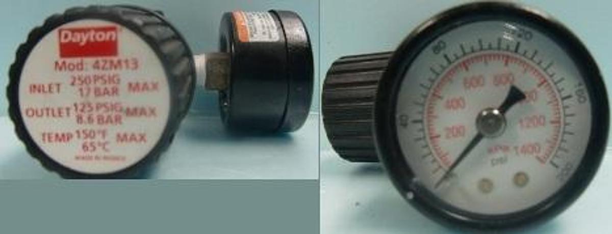 Used QTY. 1. DAYTON ELECTRIC MFG. CO. MOD:4ZM13 INLET 250 PSIG 17 BAR MAX. OUTLET 1215 PSIG 8.6 BAR MAX. TEMP 150 DEG. F. 65 DEG. C. MAX WITH 1. GAUGE READING 0-200 PSI 0-1400 KPA.