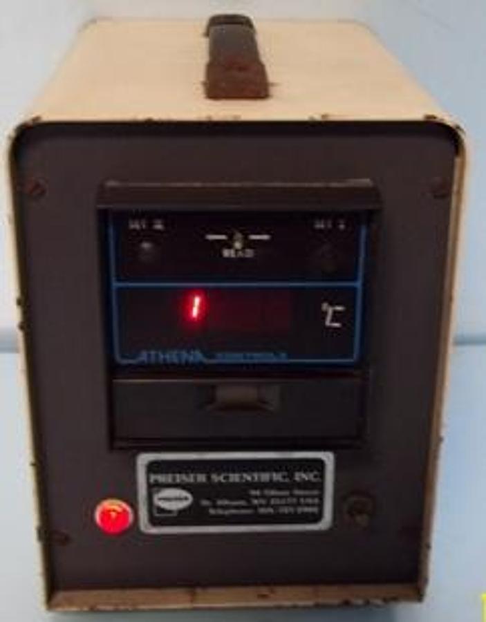 Used QTY. 1. PREISER SCIENTIFIC INC. TEMPERATURE CONTROLLER ENCLOSURE WITH ATHENA CONTROLS CONTROLLER MODEL# PSI TC030 SN: 3399022549 CAT# 29251291401 115VV 50-60HZ WITH DWYER VFB-65-BV. .